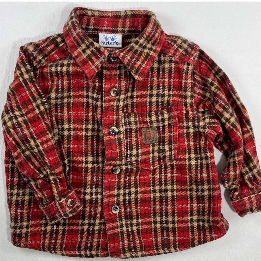 Carters Vintage Y2K Toddler Baby Boys Flannel Shirt Red Plaid Grandpacore Cozy